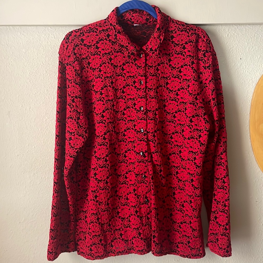 Vintage sheer red & black lace long sleeve button down shirt